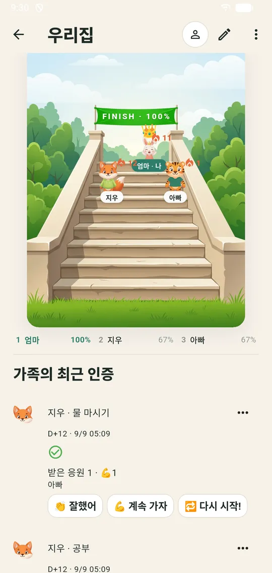 kinloop 앱 화면: 가족 캐릭터가 함께 계단을 오르는 우리집 모임
